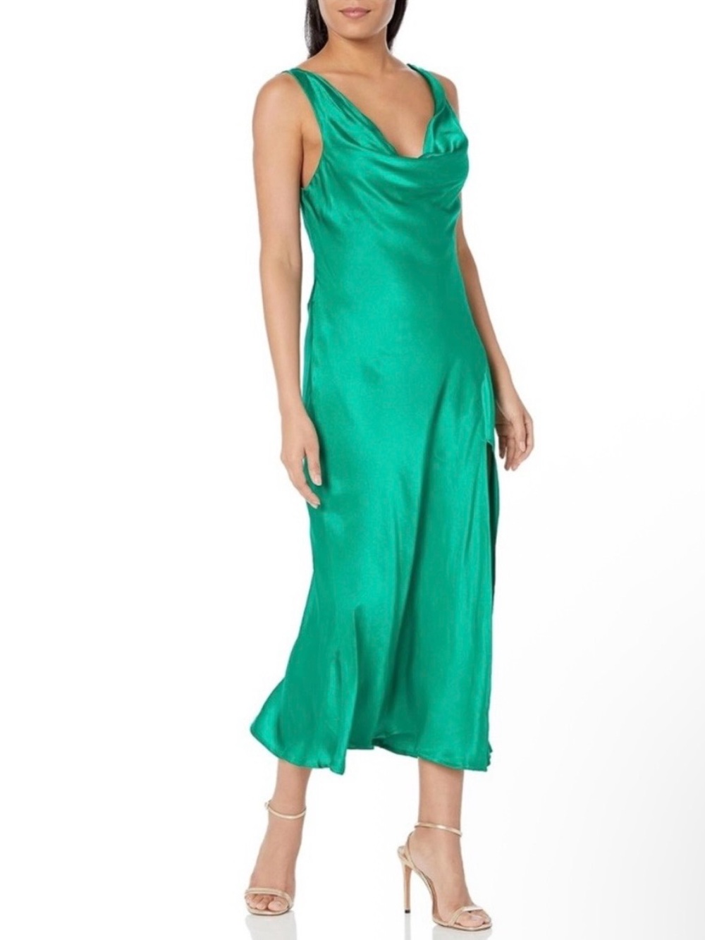 Astr The Label Satin Cowl Neck Midi Dress in Emerald Green